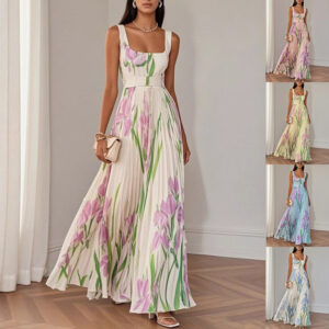 Floral Print Pleated Dress Summer A-Line Sleeveless